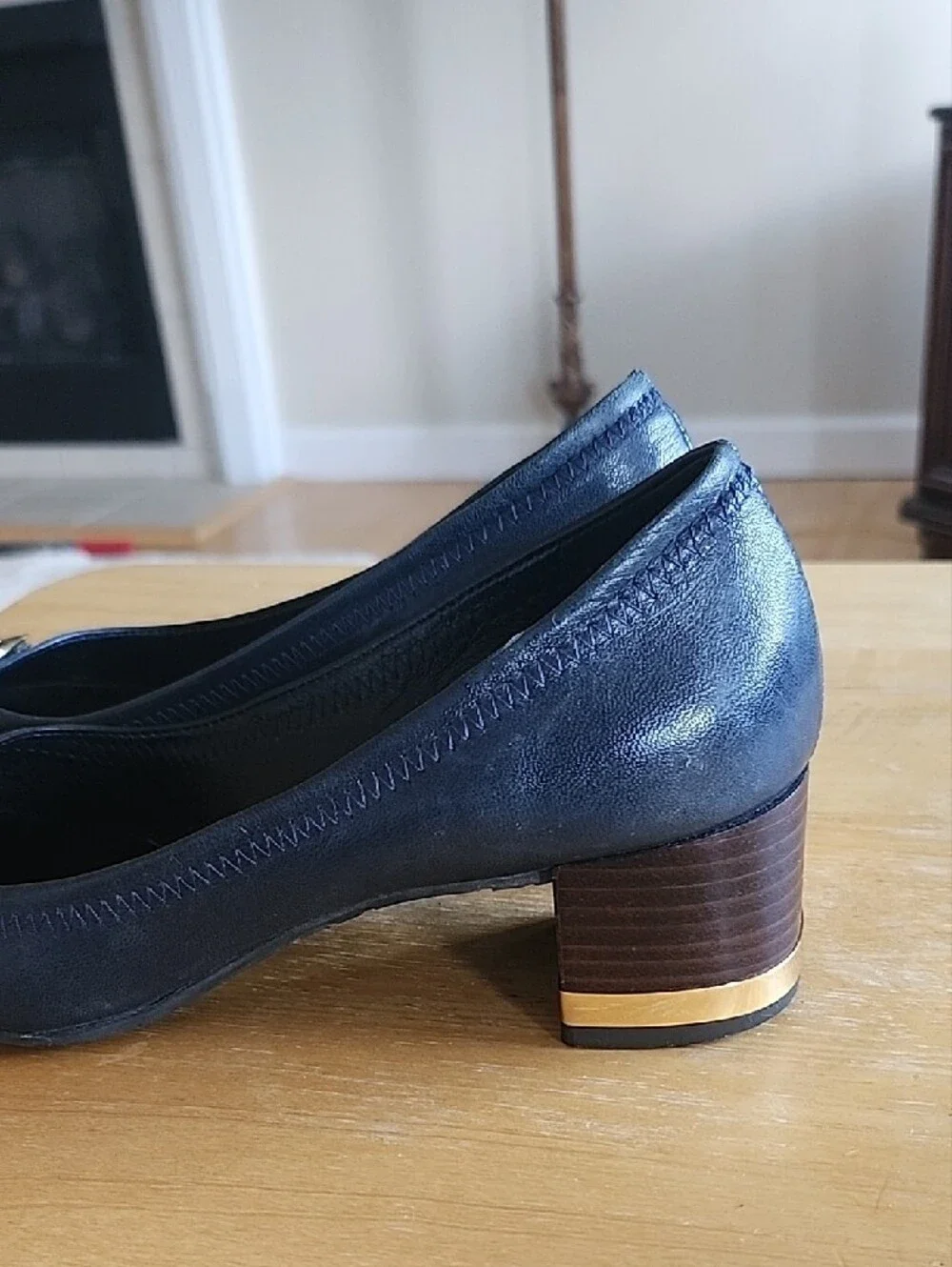 Tory Burch Black Leather Block Heel Pumps with Gold Medallion